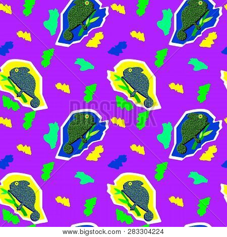 Seamless Pattern. Flat Background. Abstracy Image. Chameleon On Branch.chameleon Colorful. Design Il