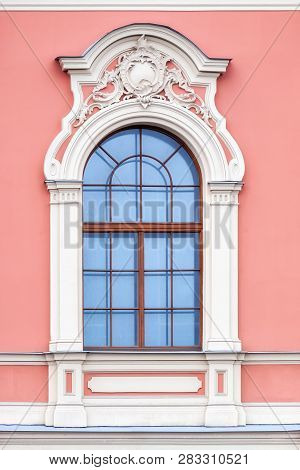 Arched Window With Stucco On A Pink Wall Background. From A Series Of St. Petersburg Windows.