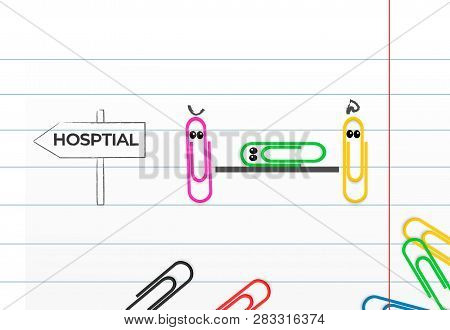 Paperclips carrying an injured paperclip to the hospital
