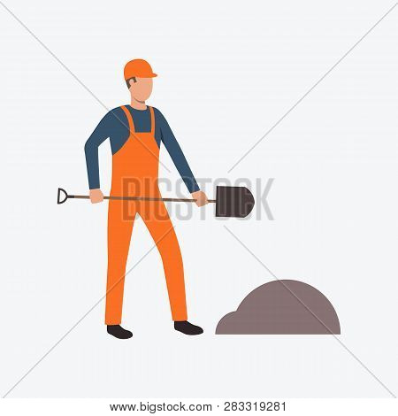 Digging Worker In Orange Uniform Flat Icon. Shovel, Spade, Overall. Builder Concept. Can Be Used For