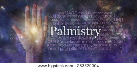 Mystical Palm Reading Word Tag Cloud Background - Semi-transparent Female Open Palm Beside A Palmist