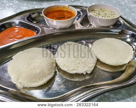 Masala Dosa And Idli Dosa Food Closeup With Selective Focus And Crop Fragment. It Is A Popular South