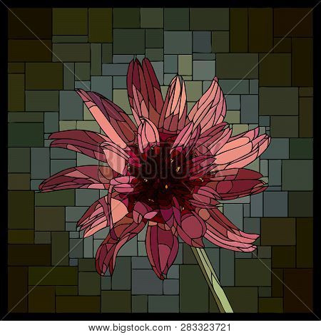 Vector Angular Mosaic With Blooming Catananche Stained-glass Window Frame.