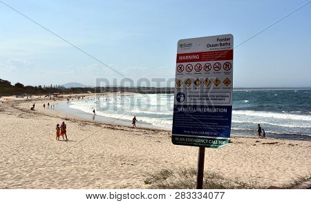 Forster, Australia - Jan 26, 2019. Warning Signs At Forster Beach To Avoid Hazardous Dangerous Accid