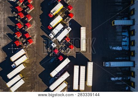 Aerial Top View Of Cargo Truck. Photo Captured With Drone.
