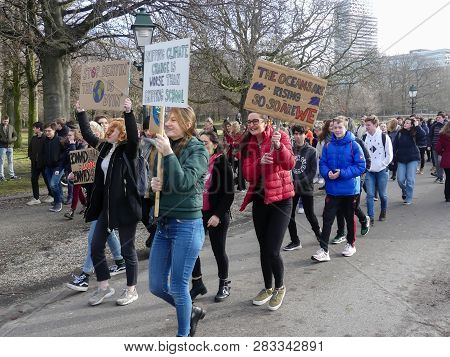 Malieveld, The Hague, The Netherlands - February 7 2019: School Children And Youth At Climate Change