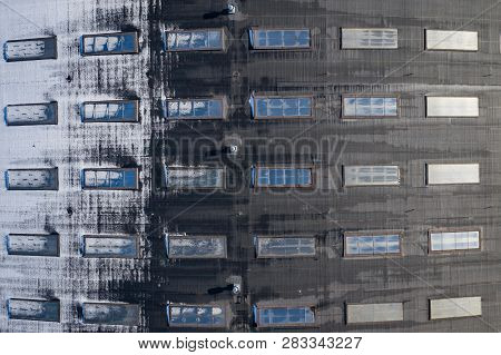 Disribution Warehouse Roof From Above. Photo Captured With Drone.