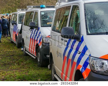 Malieveld, The Hague, The Netherlands - February 7 2019: Police Vans At Climate Change Policy Protes