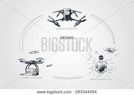 Drones - Equipment And Extensions, Remote Control On Vr, Modern Fly Transport Vector Concept Set. Ha