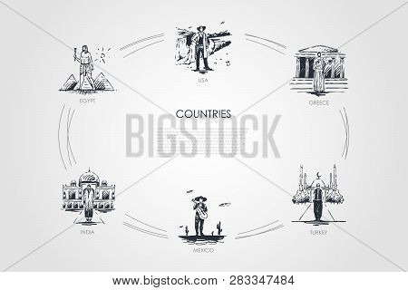 Countries - Egypt, Greece, Usa, Turkey, Mexico, India Vector Concept Set. Hand Drawn Sketch Isolated