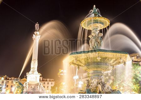 Rossio Square Is The Popular Name Of The Pedro Iv Square (praca De D. Pedro Iv) In Lisbon, Portugal