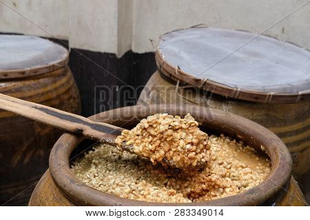 Salted Soybean Paste In Jar. Soy Miso Production