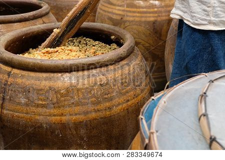 Salted Soybean Paste In Jar. Soy Miso Production