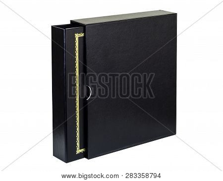 Black Vinyl D Ring Binder With Gold Frame For Corporate Kit Partly Stuck Out From Black Cover Standi