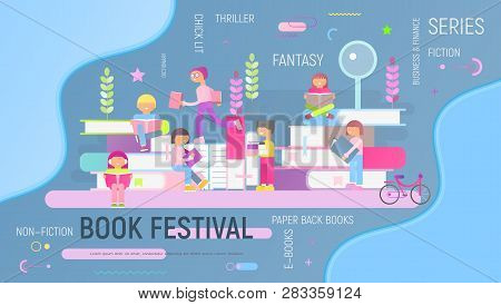 Modern Flat Design Concept For Bookstore And Festival Or Fair Advertising. Small Characters Cartoon 