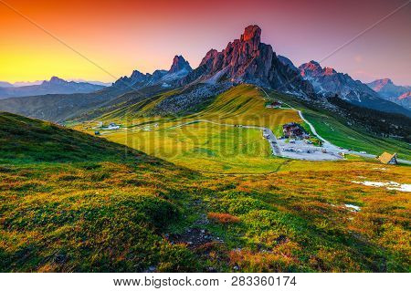 Beautiful Sunset Landscape And Fantastic Travel Destination. Alpine Pass And Winding Road, Passo Gia