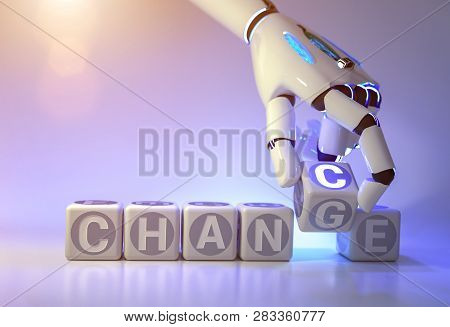 cyborg robot hand changes text cube from change to chance - ai concept - 3d rendering
