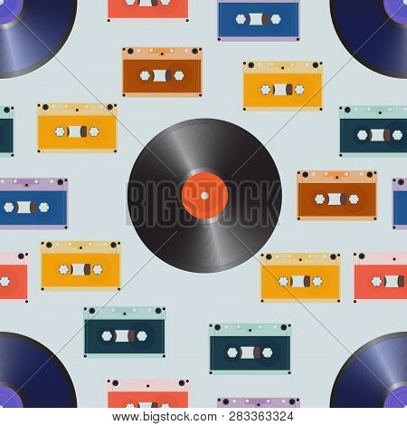 Composition Of Laser Discs, Vinyl And Audio Cassette. Seamless Vector Illustration