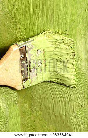 Closeup Flat Brush With Green Paints The Wall At Home