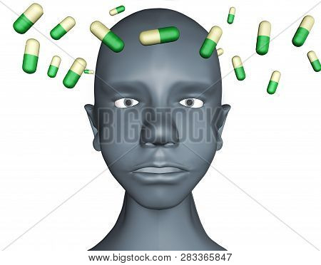 3d Illustration Of Human Head In Depression Mental Disorded With Antisepressant Pills Around On Gray