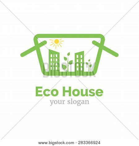 Vector Logo Template For Eco House. Illustration Of Tall Buildings, Trees In Shopping Basket. Eco Pr