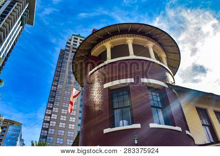 Orlando, Florida . December 24, 2018. Top View Of Church Street Station On Lightblue Sky Background 