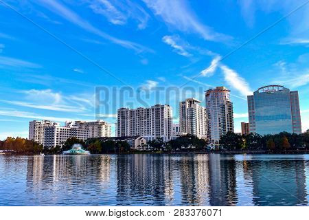 Orlando, Florida . December 24, 2018. Panoramic View Of Downtown Buildings , Vintage Fountain And Sw