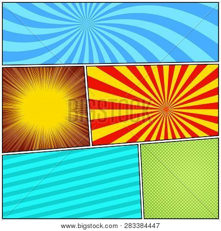 Comic Page Background With Stripes Radial Rays Halftone Humor Effects In Different Bright Colors. Ve