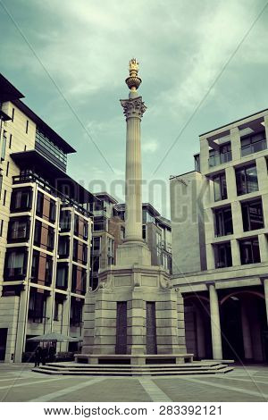 LONDON, UK - SEP 27: Paternoster Square Column in financial district on September 27, 2013 in London, UK. London is the world's most visited city and the capital of UK.