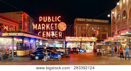 SEATTLE, WA - AUG 14: Public Market Center in downtown on August 14, 2015 in Seattle. Seattle is the largest city in both the State of Washington and the Pacific Northwest region of North America