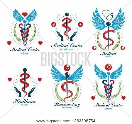 Aesculapius Greek Vector Abstract Logotypes Composed With Wings, Heart Shapes, Ecg Charts And Laurel