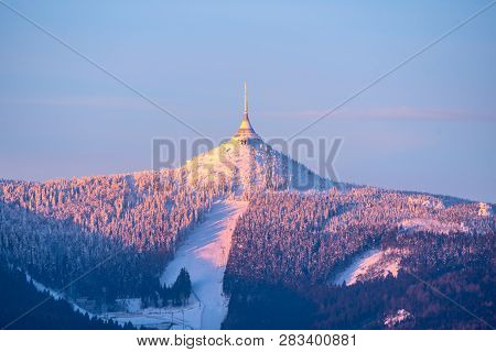 Jested Mountain And Jested Ski Resort In Morning Sunrise Time. Clear Sky And Freezy Winter Time Mood