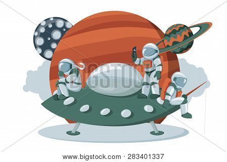 Astronaut Landing On An Alien Space Ship Expedition Cartoon Flat Dashboard Image