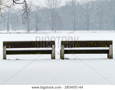 Wooden Benches On Lake City Park Nuremberg