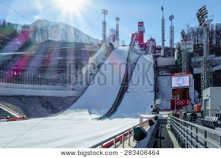 Sochi, Russia - February 8, 2014: Ski Jumping At The 2014 Winter Olympics Was Held At The Russki Gor