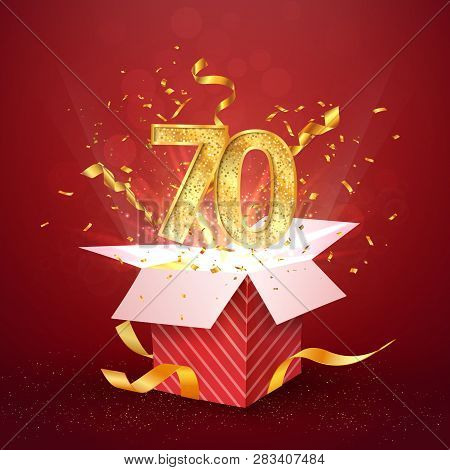 70 Th Years Number Anniversary And Open Gift Box With Explosions Confetti Isolated Design Element. T