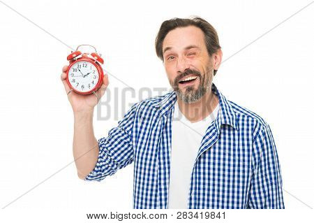 What Time Is It. Bearded Senior Man With Mechanical Clock In Hand. Mature Timekeeper With Analog Clo