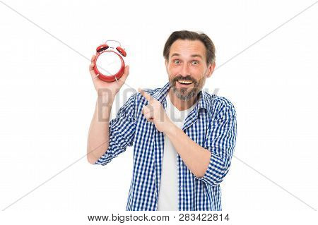 Tips For Saving Time. Build Self Discipline. Control And Discipline. Man Casual Style Hold Alarm Clo
