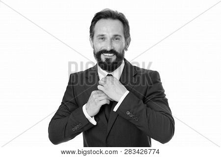 Business Man Bearded Mature Formal Suit Adjust Accessory. Businessman Or Manager Prepare Outfit. Bus