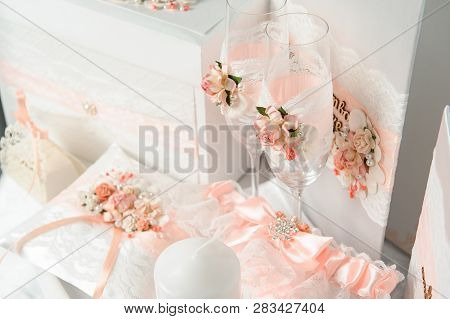 Wedding Decoraton: Complimentary, Boxes, Glasses In White-orange Color