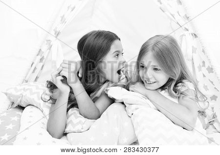 Girlish Leisure. Sisters Share Gossips Having Fun At Home. Pajamas Party For Kids. Cozy Place Tipi H