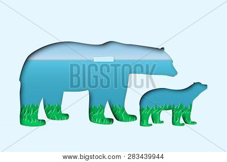 North Arctic Polar White Mother And Cub Bears In Paper Cut Craft Art Style With Summer North Pole La