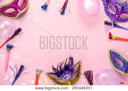 Table Top View Aerial Image Of Beautiful Colorful Carnival Season Or Photo Booth Prop Mardi Gras Bac