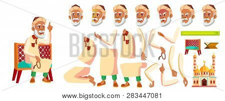 Arab, Muslim Old Man Vector. Senior Person Portrait. Elderly People. Aged. Animation Creation Set. F