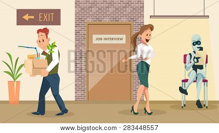 Choose Robot For New Work. Upset Dismissed Man. Job Interview At Office Door. Artificial Intelligenc