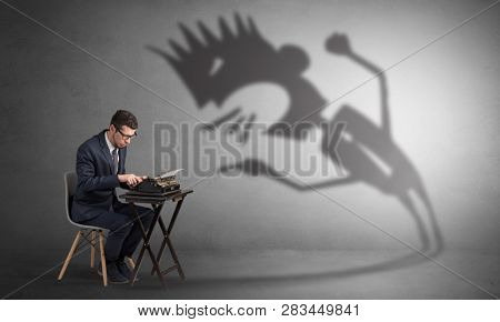 Man working hard and he is afraid of a yelling shadow