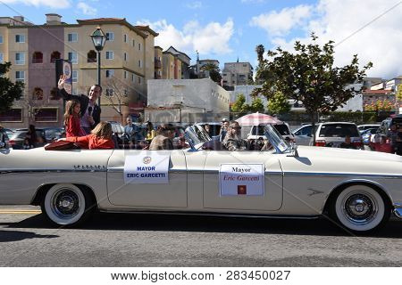 LOS ANGELES - FEBRUARY 9, 2019: Mayor Eric Garcetti waves to onlookers during the Chinese New Year Parade in Chinatown, Los Angeles.