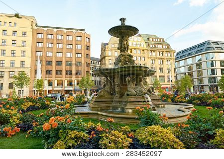 DUSSELDORF, GERMANY - CIRCA SEPTEMBER, 2018: fountain at Konigsallee in Dusseldorf.