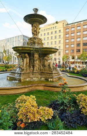 DUSSELDORF, GERMANY - CIRCA SEPTEMBER, 2018: fountain at Konigsallee in Dusseldorf.