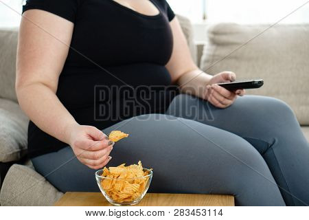 Lack Of Physical Activity, Sedentariness, Imbalanced Nutrition, Laziness, Homebody. Fat Woman Overea